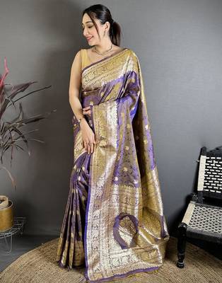 Grey & purple color zari woven banarasi silk blend saree with blouse 1