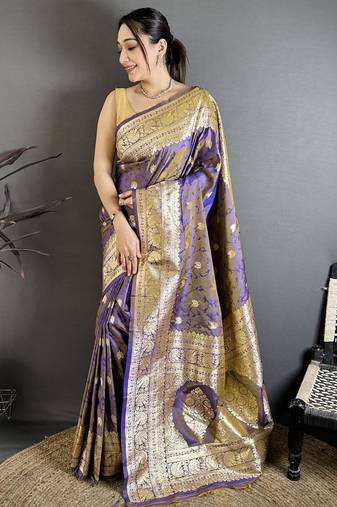 Grey & purple color zari woven banarasi silk saree with blouse