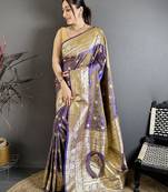 Grey & purple color zari woven banarasi silk blend saree with blouse