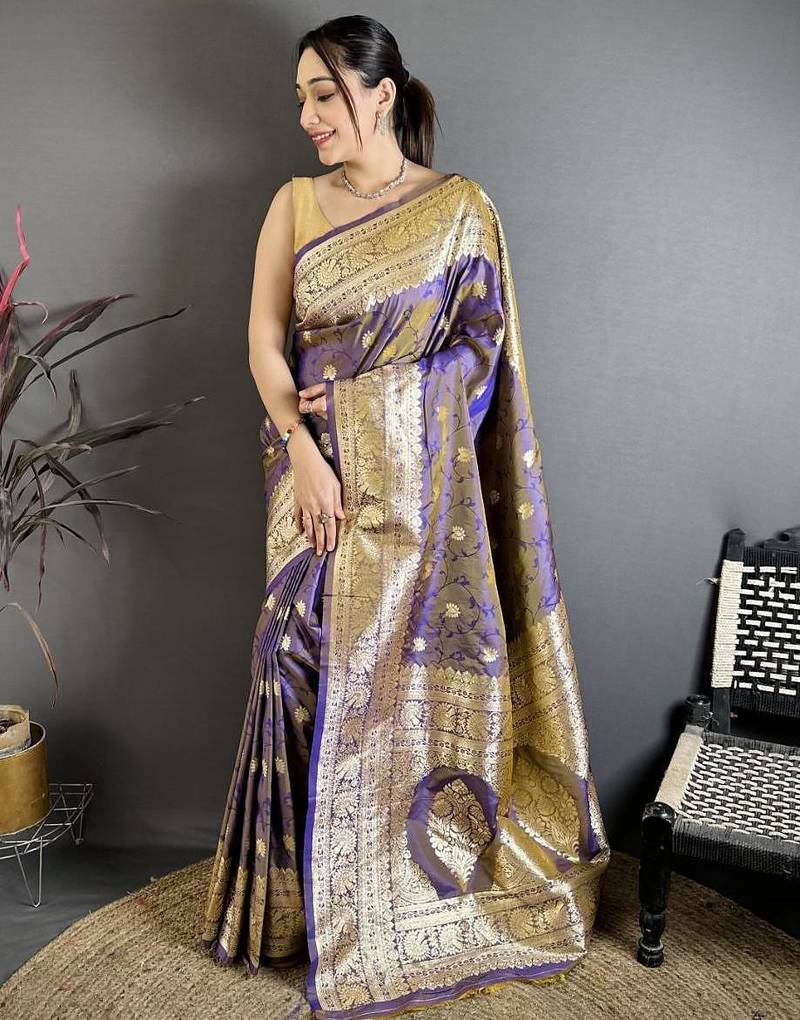 Grey & purple color zari woven banarasi silk saree with blouse