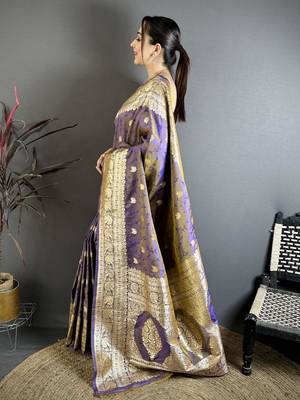 Grey & purple color zari woven banarasi silk blend saree with blouse 2