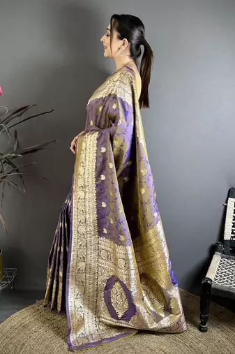 Grey & purple color zari woven banarasi silk blend saree with blouse