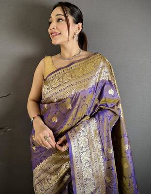 Grey & purple color zari woven banarasi silk blend saree with blouse 3