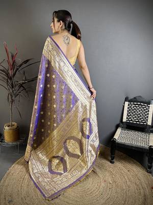 Grey & purple color zari woven banarasi silk blend saree with blouse 5