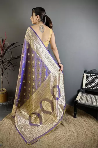 Grey & purple color zari woven banarasi silk blend saree with blouse
