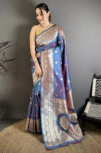 Sky & purple color zari woven banarasi silk saree with blouse