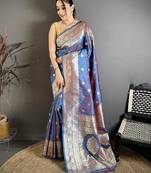 Sky & purple color zari woven banarasi silk blend saree with blouse