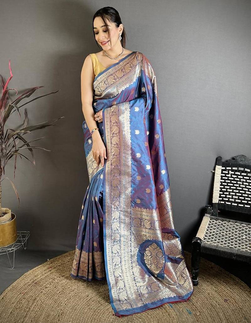 Sky & purple color zari woven banarasi silk saree with blouse