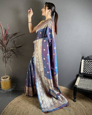 Sky & purple color zari woven banarasi silk blend saree with blouse 2