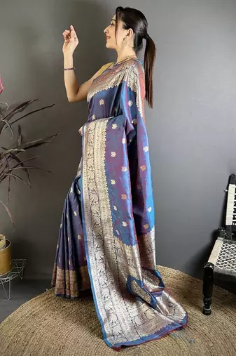 Sky & purple color zari woven banarasi silk blend saree with blouse