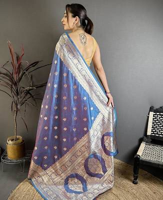 Sky & purple color zari woven banarasi silk blend saree with blouse 5
