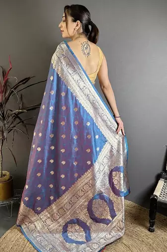 Sky & purple color zari woven banarasi silk blend saree with blouse
