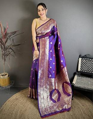 Purple color zari woven banarasi silk blend saree with blouse 1