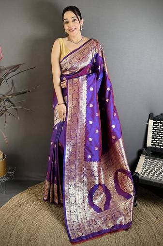 Purple color zari woven banarasi silk saree with blouse