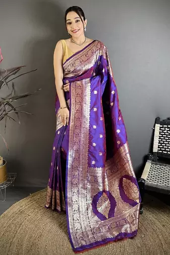 Purple color zari woven banarasi silk saree with blouse