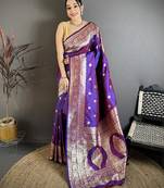 Purple color zari woven banarasi silk blend saree with blouse