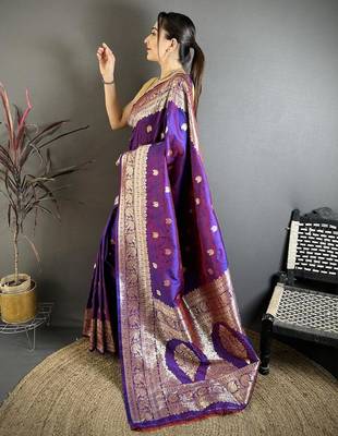 Purple color zari woven banarasi silk blend saree with blouse 2