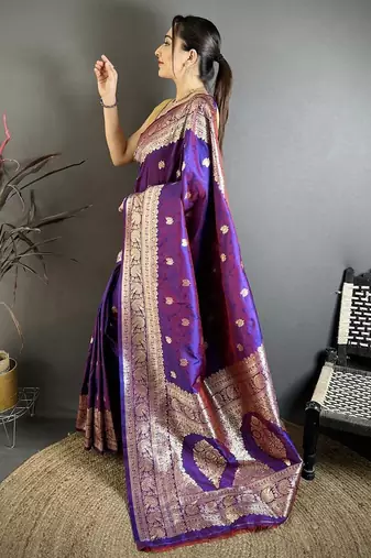 Purple color zari woven banarasi silk blend saree with blouse