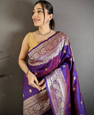 Purple color zari woven banarasi silk blend saree with blouse 3