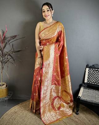 Peach color zari woven banarasi silk blend saree with blouse 1