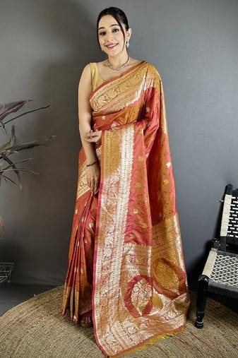 Peach color zari woven banarasi silk saree with blouse