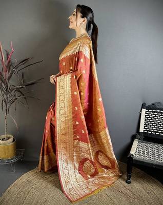 Peach color zari woven banarasi silk blend saree with blouse 2
