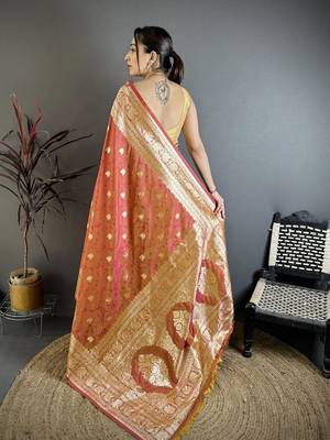Peach color zari woven banarasi silk blend saree with blouse 5