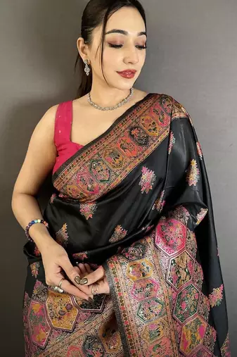 Black color kashmiri meenakari woven work pashmina silk blend saree with blouse