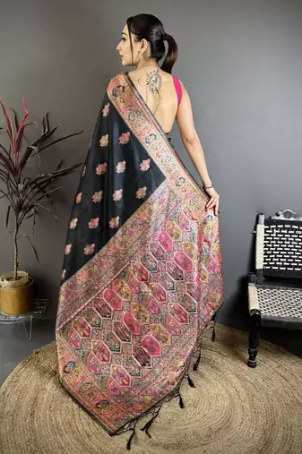 Black color kashmiri meenakari woven work pashmina silk blend saree with blouse