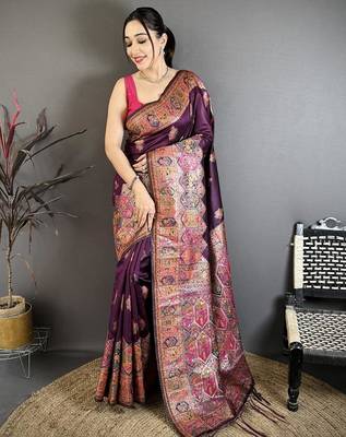 Wine color kashmiri meenakari woven work pashmina silk blend saree with blouse 1