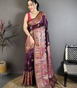 Wine color kashmiri meenakari woven work pashmina silk saree with blouse