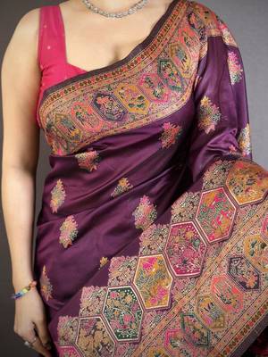 Wine color kashmiri meenakari woven work pashmina silk blend saree with blouse 4
