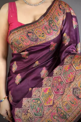 Wine color kashmiri meenakari woven work pashmina silk blend saree with blouse
