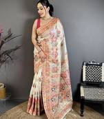 White color kashmiri meenakari woven work pashmina silk saree with blouse
