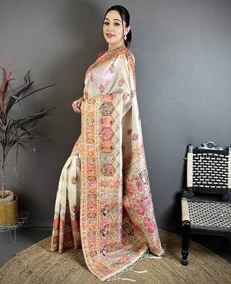 White color kashmiri meenakari woven work pashmina silk blend saree with blouse 2