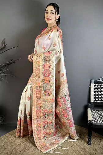 White color kashmiri meenakari woven work pashmina silk blend saree with blouse