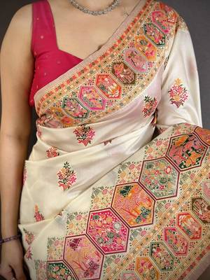 White color kashmiri meenakari woven work pashmina silk blend saree with blouse 4