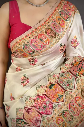 White color kashmiri meenakari woven work pashmina silk blend saree with blouse