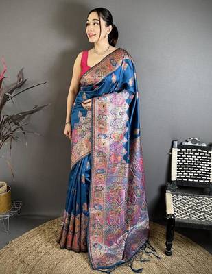 Tealblue color kashmiri meenakari woven work pashmina silk blend saree with blouse 1