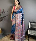 Tealblue color kashmiri meenakari woven work pashmina silk saree with blouse