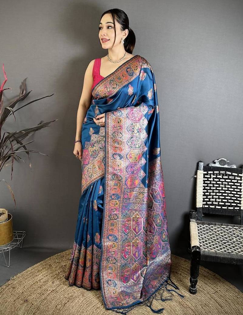 Tealblue color kashmiri meenakari woven work pashmina silk saree with blouse
