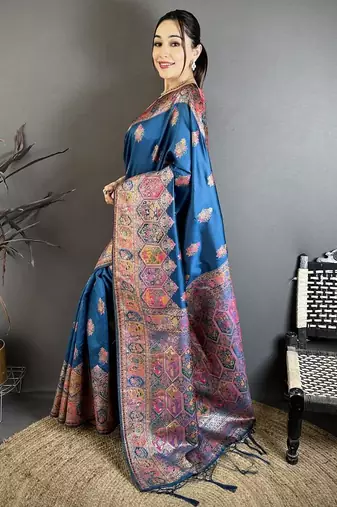 Tealblue color kashmiri meenakari woven work pashmina silk blend saree with blouse