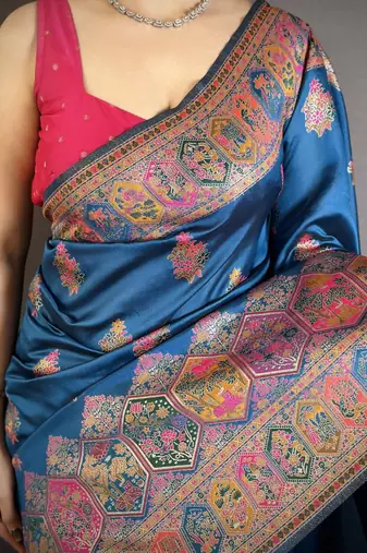 Tealblue color kashmiri meenakari woven work pashmina silk blend saree with blouse