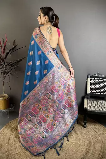Tealblue color kashmiri meenakari woven work pashmina silk blend saree with blouse
