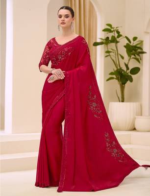 Cherry red satin chiffon saree with banglori work blouse 1