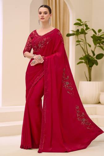 Cherry red satin chiffon saree with banglori work blouse