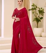 Cherry red satin chiffon saree with banglori work blouse