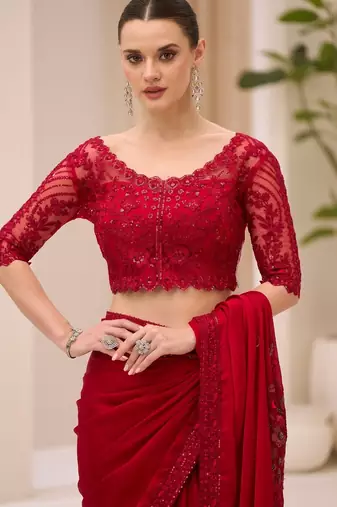 Cherry red satin chiffon saree with banglori work blouse