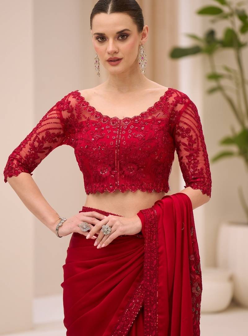 Cherry red satin chiffon saree with banglori work blouse