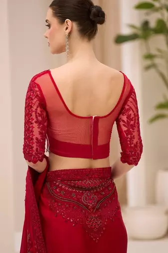 Cherry red satin chiffon saree with banglori work blouse